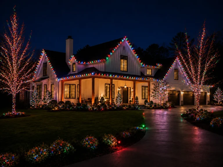 Multicolor permanent Christmas lighting on a home in Annapolis, MD with lit trees and shrubs