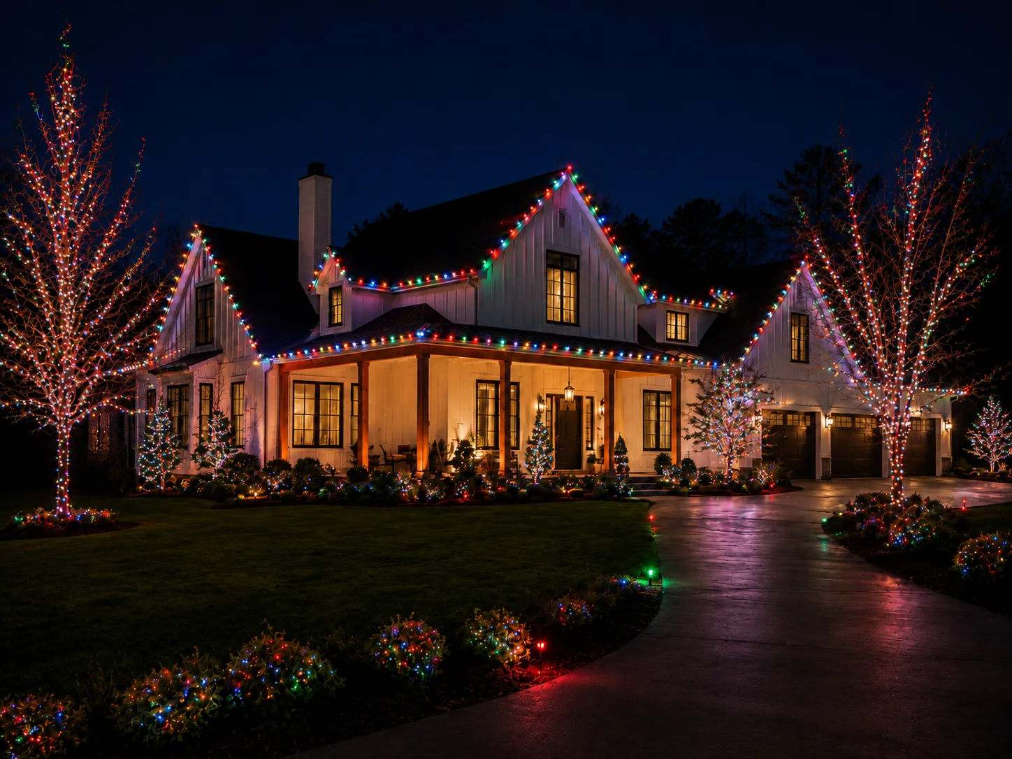 Multicolor permanent Christmas lighting on a home in Annapolis, MD with lit trees and shrubs