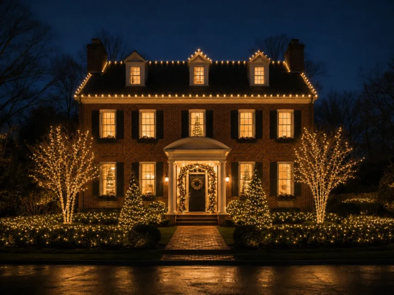 Permanent roofline lighting in warm white on a brick colonial home in Bethesda, MD