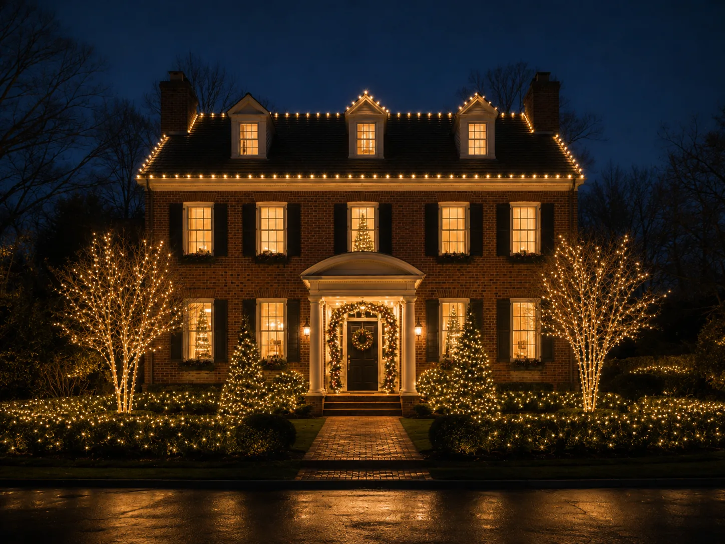 Permanent roofline lighting in warm white on a brick colonial home in Bethesda, MD