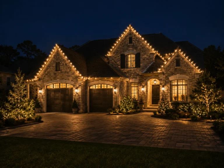 Warm white permanent roofline lighting on a stone home in Washington, DC with landscape lighting