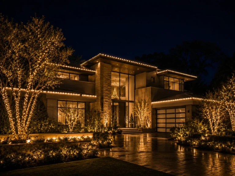 Permanent LED lighting on a modern home in Potomac, MD with landscape uplighting