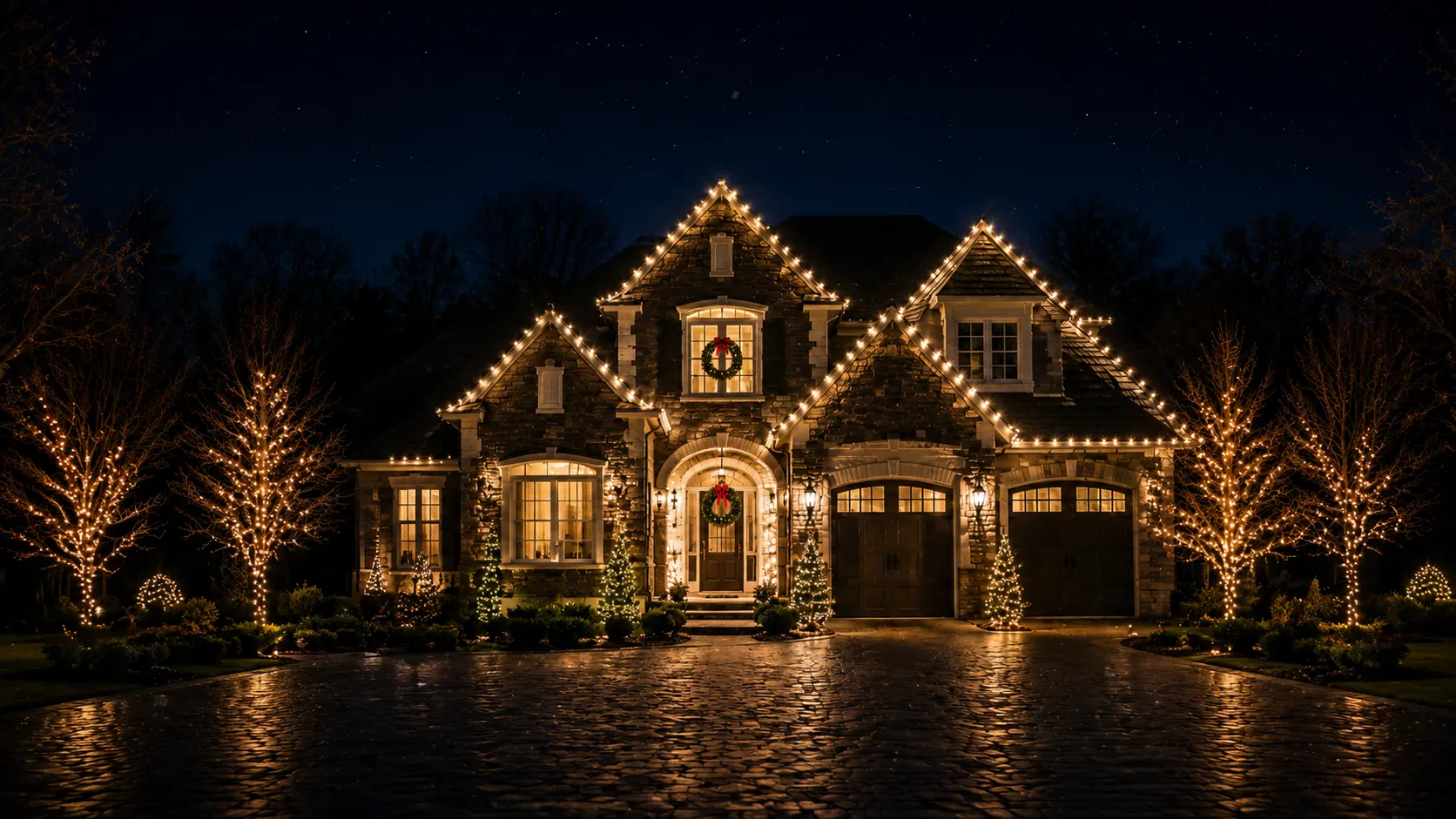 Permanent roofline lighting in warm white on a stone and brick home in Columbia, MD, installed by Evergreen Lighting